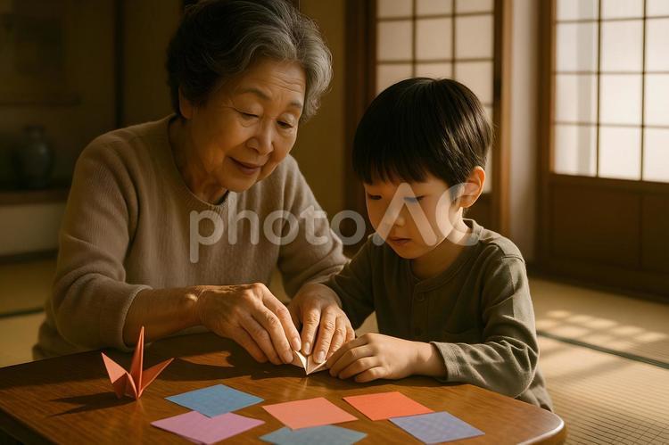 祖母と孫の折り紙 折り紙,祖母,孫の写真素材