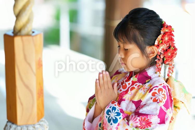 お参りで真剣な表情を見せる女の子 七五三,お参り,七五三参りの写真素材
