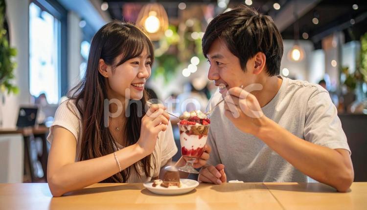 カフェでパフェを楽しむカップル カップル,デート,食事の写真素材