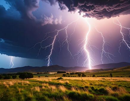 雷が光る空　雨の日　幻想的な夜の風景3の写真