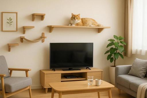 キャットウォークでくつろぐ猫 キャットウォークでくつろぐ猫の写真