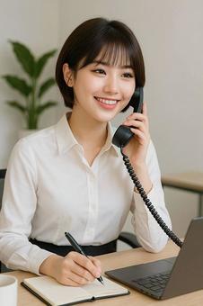 電話対応をする可愛い女性 電話対応をする可愛い女性の写真