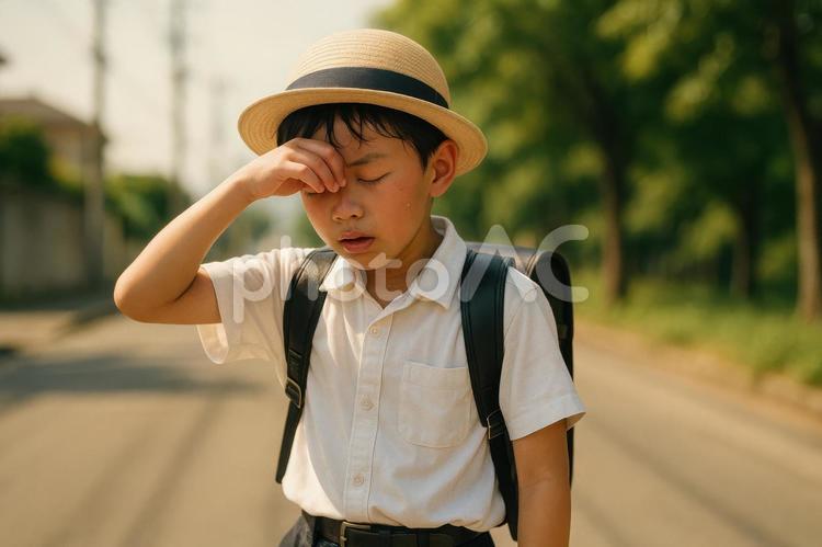 暑さでぐったりする小学生の下校風景 小学生,下校,夏の写真素材