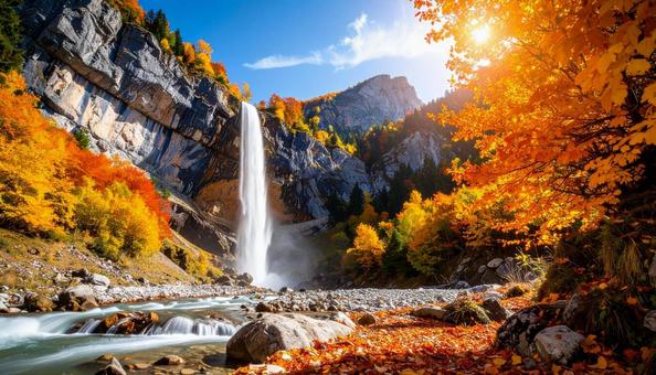 秋の紅葉に囲まれた滝の写真の写真