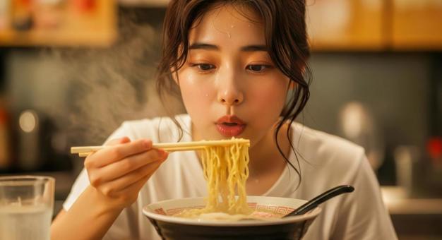 熱々ラーメンを食べる女性の飲食シーン 熱々ラーメンを食べる女性の飲食シーンの写真