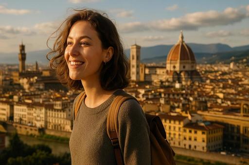 フィレンツェを望む笑顔の女性 フィレンツェを望む笑顔の女性の写真
