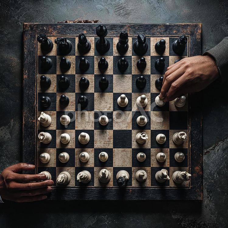 チェス盤上での一手：真上からの視点 チェス,将棋,ボードゲームの写真素材