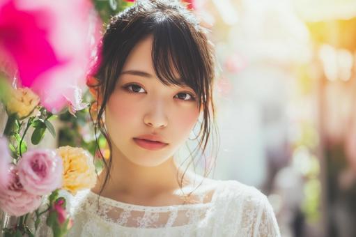 かわいい女性モデル、カラフルな花 かわいい女性モデル、カラフルな花の写真