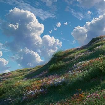 光あふれる緑豊かな丘の谷の写真