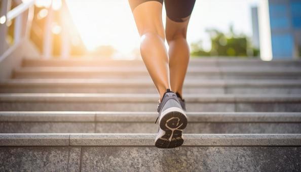 階段を駆け上がる日本人の女性ランナーの写真