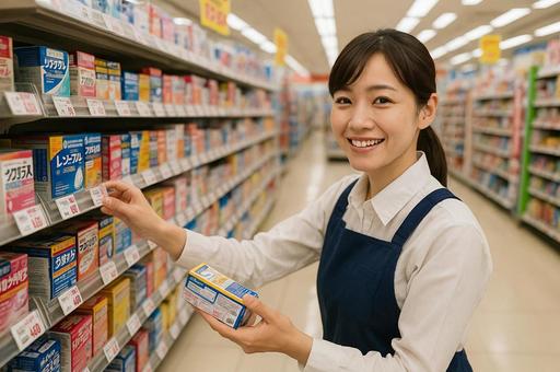 ドラッグストアで品出しをする女性店員 ドラッグストアで品出しをする女性店員の写真