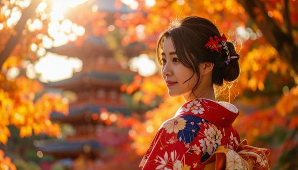 紅葉を眺める晴れ着姿の女性のポートレートの写真