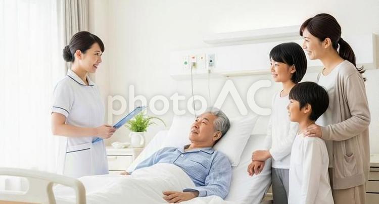お見舞いに着た家族に説明をする看護師 看護師,説明,家族の写真素材