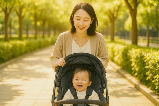 ベビーカーで散歩する母と子 ベビーカーで散歩する母と子の写真