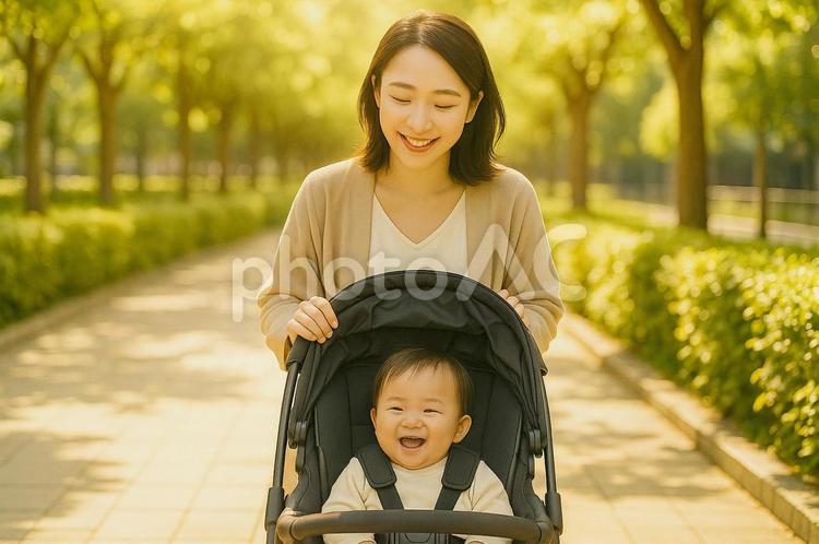 ベビーカーで散歩する母と子 親子,散歩,子育ての写真素材
