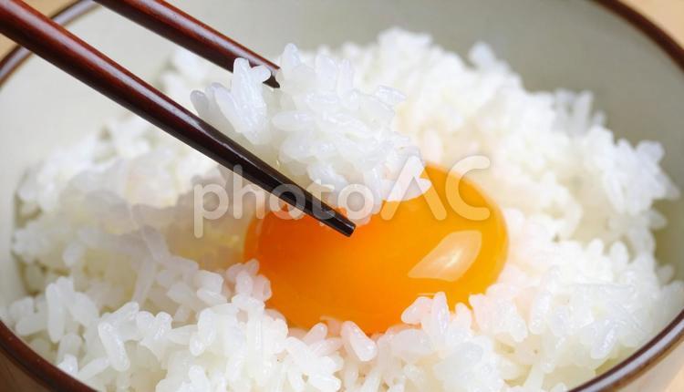 卵かけご飯　生卵の黄身を箸でつぶす たまごかけごはん,tkg,生卵の写真素材