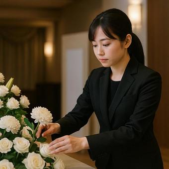 式場の花を整えるスタッフ 式場の花を整えるスタッフの写真
