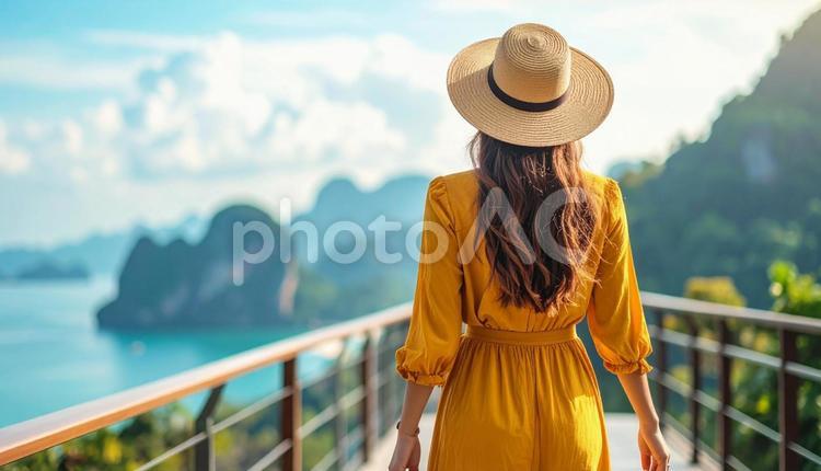 真夏の海を眺める女性の後ろ姿 女性,後姿,後ろ姿の写真素材