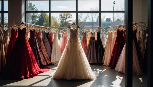 レンタルドレス屋にかかるたくさんのドレスの写真