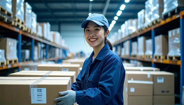 倉庫で働く作業服の20代の日本人女性の写真