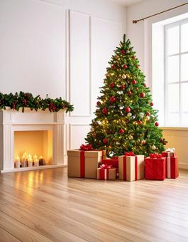 白い部屋に飾られたクリスマスツリー 白い部屋に飾られたクリスマスツリーの写真