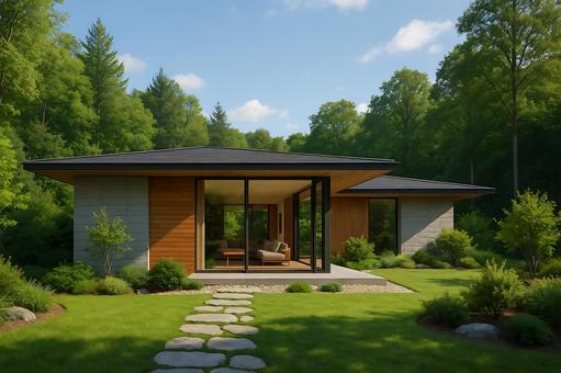 Deep eaves soften the sunlight and create a modern, one-story home in harmony with nature., a flat shop, woods, wood, JPG