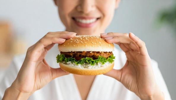 ライスバーガーをほおばる日本人女性 ライスバーガーをほおばる日本人女性の写真