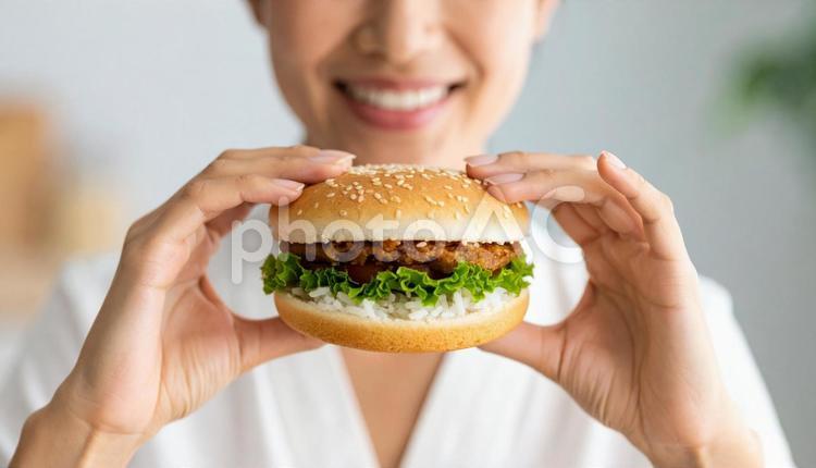 ライスバーガーをほおばる日本人女性 ライスバーガー,食事,ファストフードの写真素材