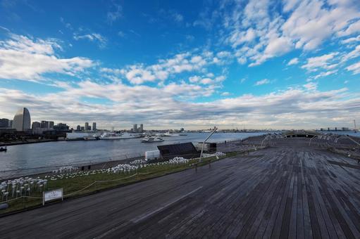 横浜大さん橋から望む横浜新港埠頭と遊覧船 横浜大さん橋ふ頭,ウッドデッキ,横浜新港埠頭の写真素材