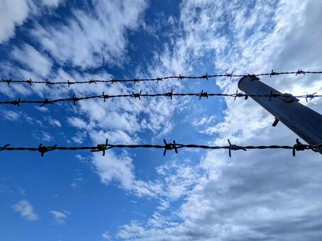 有刺鉄線と青空 柵,空,雲の写真素材