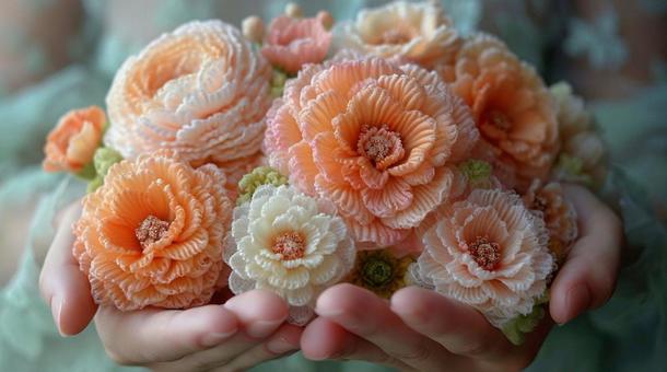 両手で包むやさしい手作りの花 両手で包むやさしい手作りの花の写真