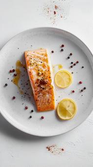Grilled salmon with colorful peppers and lemon, salmon, grilled fish, lemon, JPG