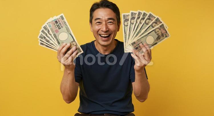 お札を手にして喜ぶ男性 お札,大金,お金の写真素材