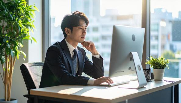 PC作業をするビジネスマン PC作業をするビジネスマンの写真