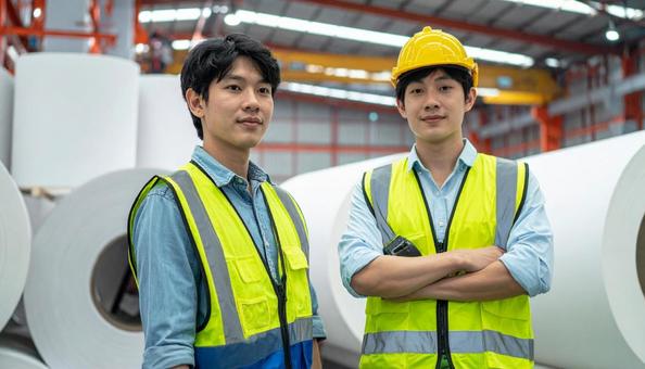 印刷工場でロール紙の確認をする作業員の写真