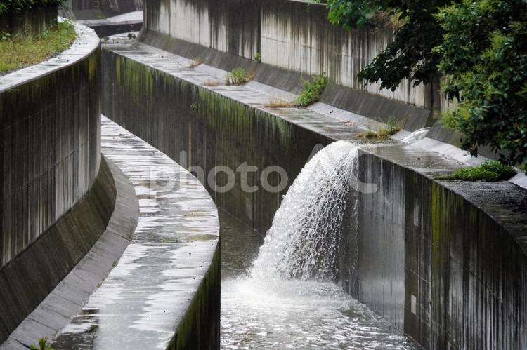 雨の日に増水する川【雨の日イメージ】 雨,川,河川の写真素材