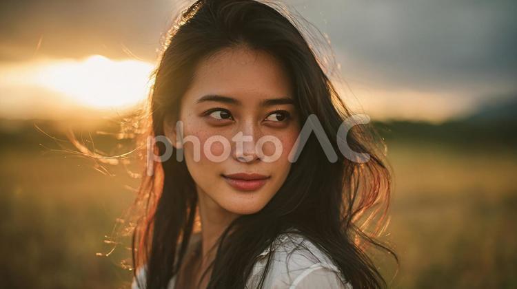 夕焼けの畑に佇む女性 女性,アジア人,若者の写真素材