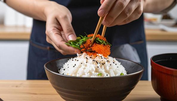 明太子ご飯 明太子とゴマを載せたご飯 明太子ご飯 明太子とゴマを載せたご飯の写真