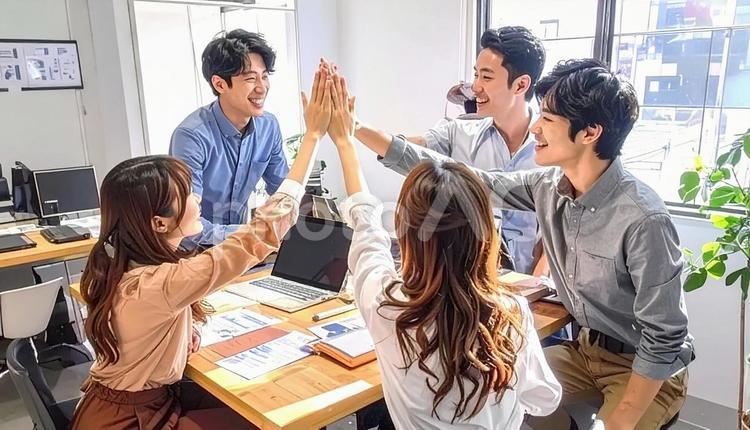 喜びを分かち合うビジネスチーム ハイタッチ,ビジネス,成功の写真素材