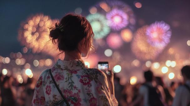 花火と浴衣の女性 04 花火と浴衣の女性 04の写真