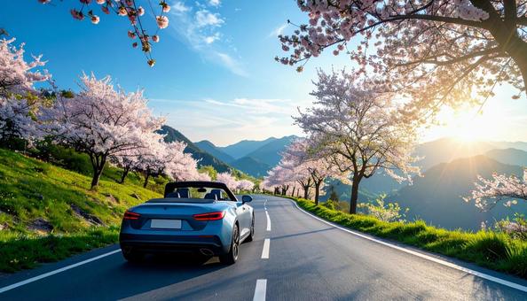 桜並木を走るオープンカー 桜並木を走るオープンカーの写真