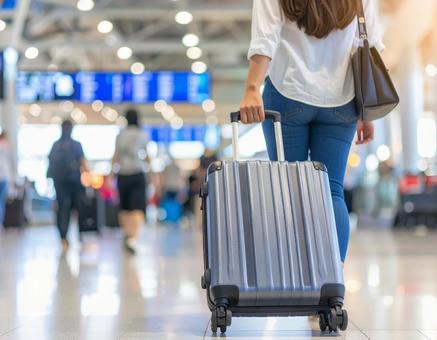 空港でスーツケースを引く女性の後ろ姿の写真