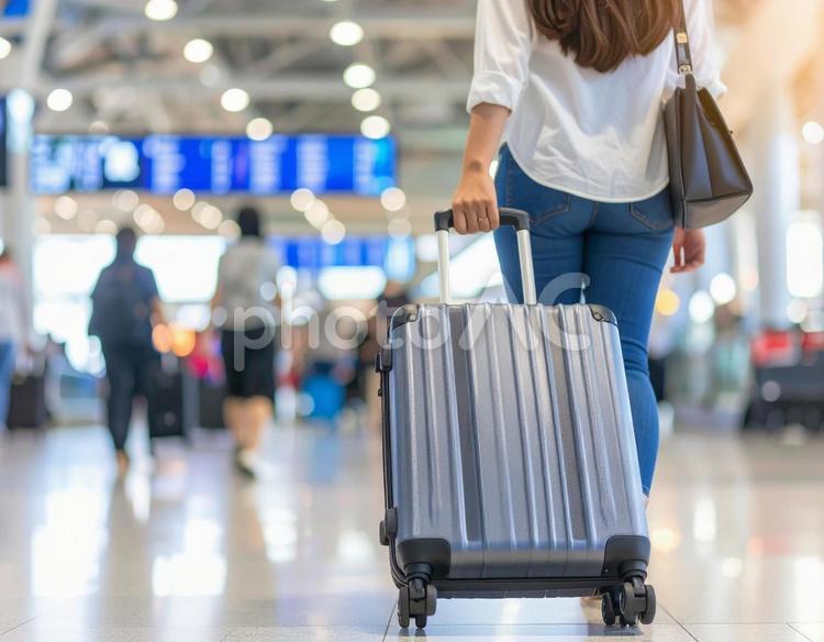 空港でスーツケースを引く女性の後ろ姿 旅行,スーツケース,女性の写真素材