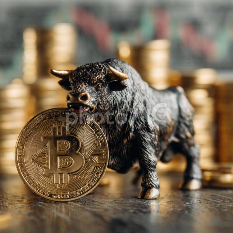 ビットコインとブルの像：強気市場の象徴 ビットコイン,仮想通貨,暗号資産の写真素材