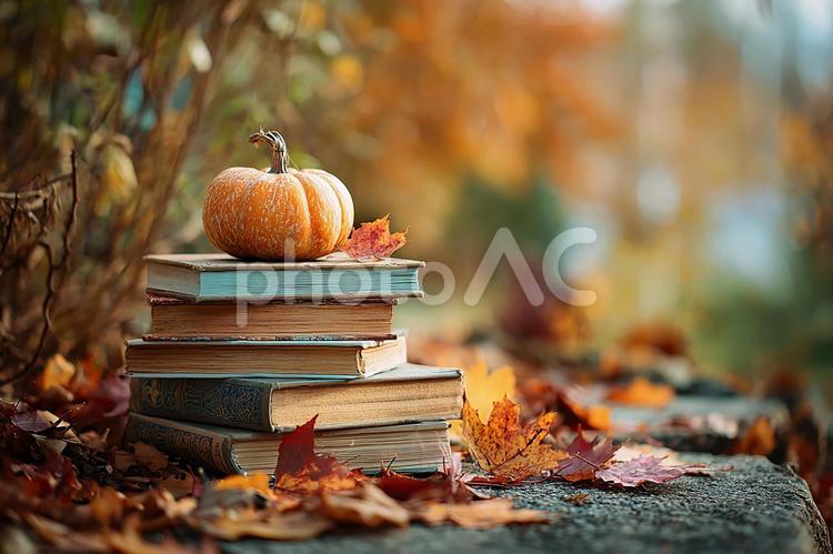 秋の彩り、カボチャと古書 秋,ハロウィン,カボチャの写真素材