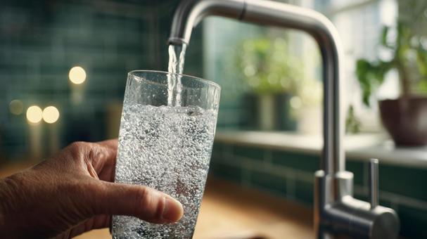 きめ細かな泡が立つグラスの水の写真