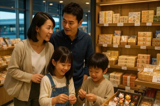 お土産を選ぶ日本人の親子連れ お土産を選ぶ日本人の親子連れの写真