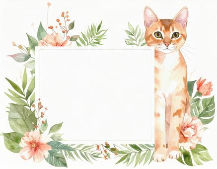 猫と花のフレームの写真