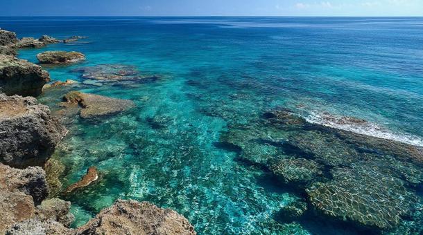 エメラルドグリーン色の海 エメラルドグリーン色の海の写真