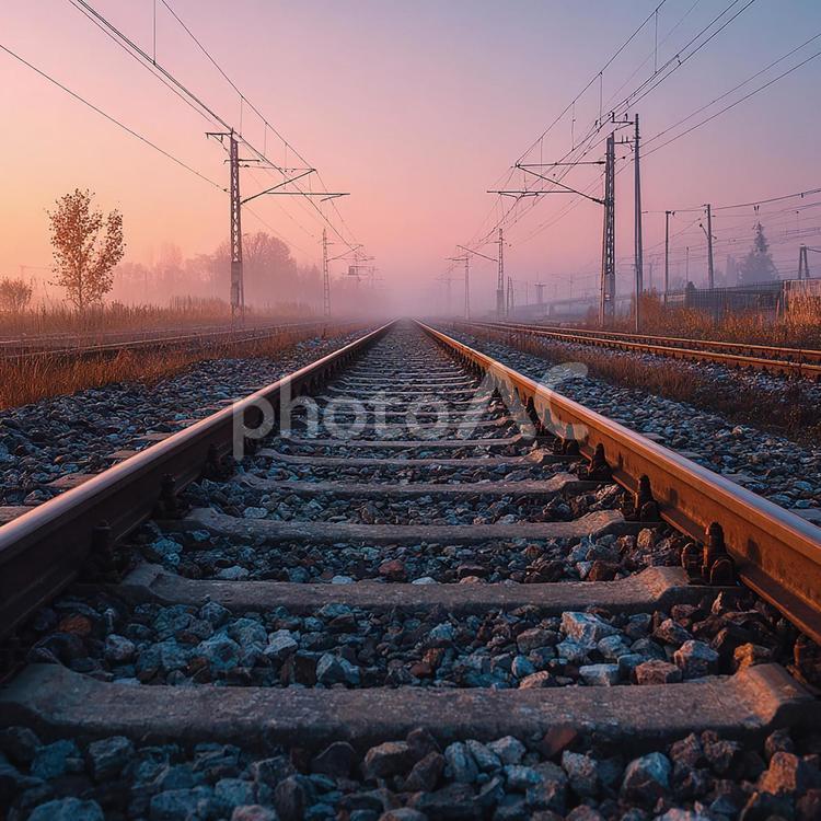 霧の朝に続く幻想的な線路 線路,鉄道,レールの写真素材